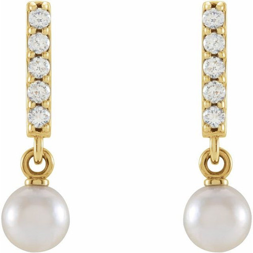 14 Karat Yellow Gold Cultured Akoya Pearl and .03 Carat Natural Diamond Bar Earrings