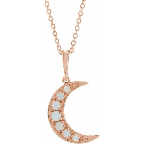 14 Karat Rose Gold White Opal Cabochon Crescent Moon 16 inch Necklace