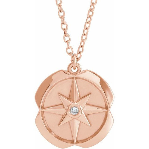 14 Karat Rose Gold .01 Carat Diamond Celestial Medallion 16 inch Necklace