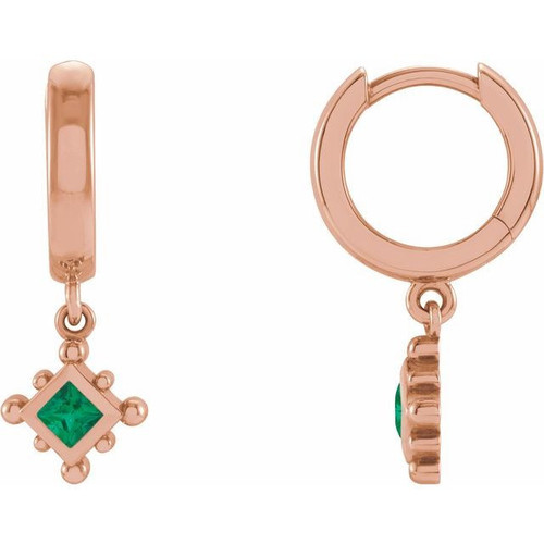 14 Karat Rose Gold Natural Emerald Beaded Bezel Set Hoop Earrings