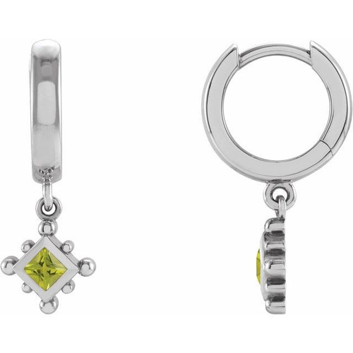 Platinum Natural Peridot Beaded Bezel Set Hoop Earrings