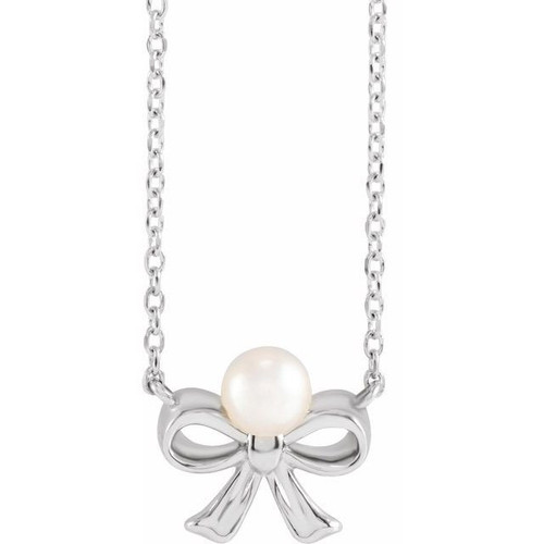 14 Karat White Gold Cultured White Akoya Pearl Bow 18 inch Necklace