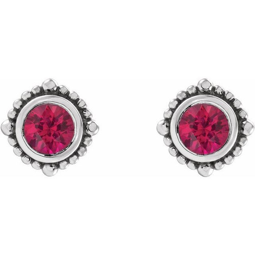 14 Karat White Gold 4 mm Natural Ruby Beaded Halo Style Earrings