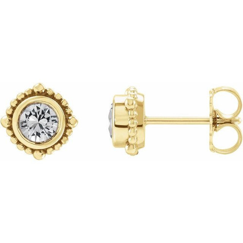 14 Karat Yellow Gold 3 mm Natural White Sapphire Beaded Halo Style Earrings