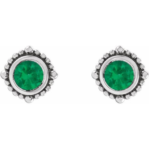 Platinum 4.5 mm Natural Emerald Beaded Halo Style Earrings