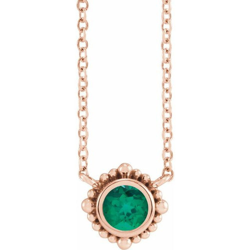 14K Rose 5 mm Natural Emerald Beaded Bezel-Set 18" Necklace