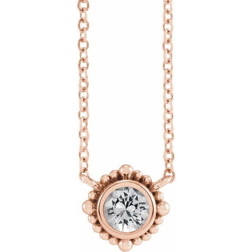 14 Karat Rose Gold 5 mm White Sapphire Beaded Bezel Set 18 inch Necklace