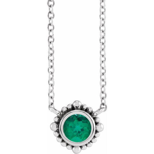 Platinum 4.5 mm Natural Emerald Beaded Bezel Set 18 inch Necklace