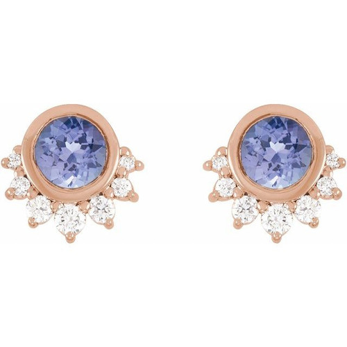 14 Karat Rose Gold Natural Tanzanite and .08 Carat Natural Diamond Earrings