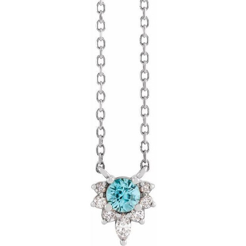 Platinum  Blue Zircon and .08 Carat Diamond 18 inch Necklace