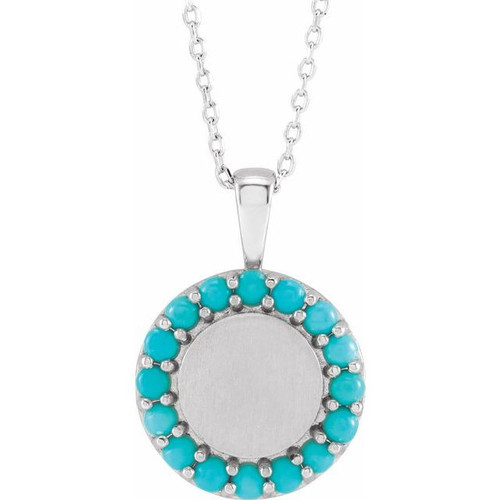 Sterling Silver Natural Turquoise Engravable Halo Style 16 inch Necklace