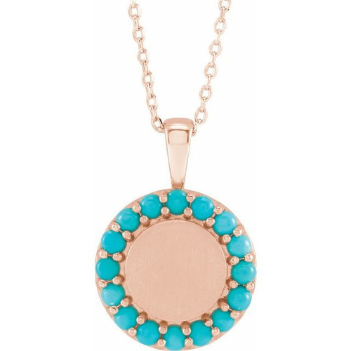 14K Rose Natural Turquoise Engravable Halo Style 16 inch Necklace