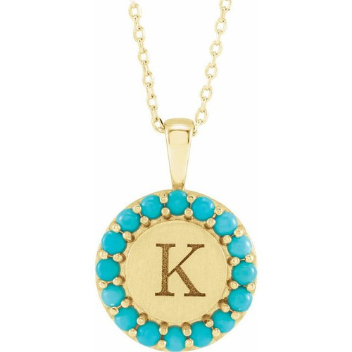 14 Karat Yellow Gold Natural Turquoise Engravable Halo Style 16 inch Necklace