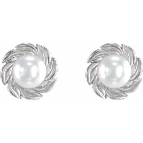 Platinum Cultured White Akoya Pearl Leaf Earrings