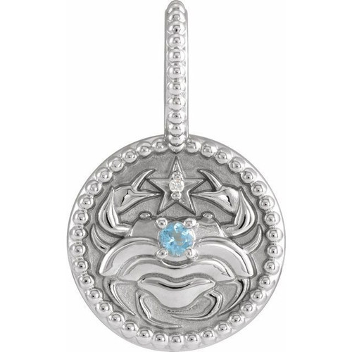 14 Karat White Gold Aquamarine Gem and .0025 carat Diamond Cancer Charm
