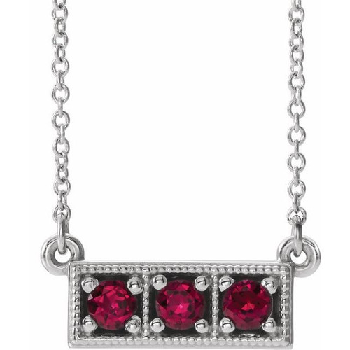 Ruby Necklace in Platinum Ruby 3 Stone Granulated Bar 16 inch Necklace