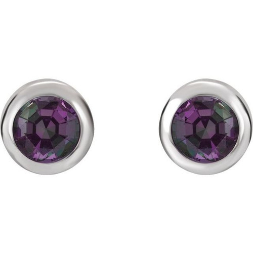 Rhodium Plated Sterling Silver Lab Grown Alexandrite Bezel Set Earrings