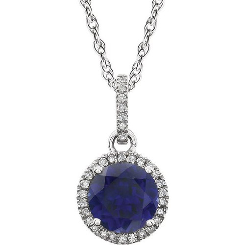 Created Sapphire Necklace in Best 14 Karat White Gold Created Sapphire and 0.10 Carat Diamond 18 inch Necklace