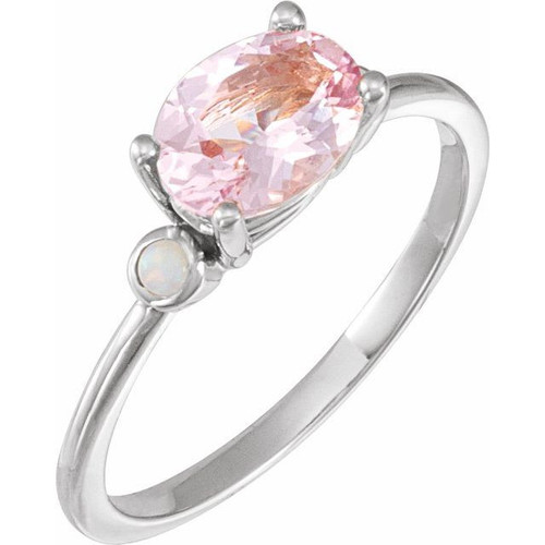 White Gold Ring 14 Karat 8x6 mm Natural Pink Morganite and Natural White Fire Opal Ring
