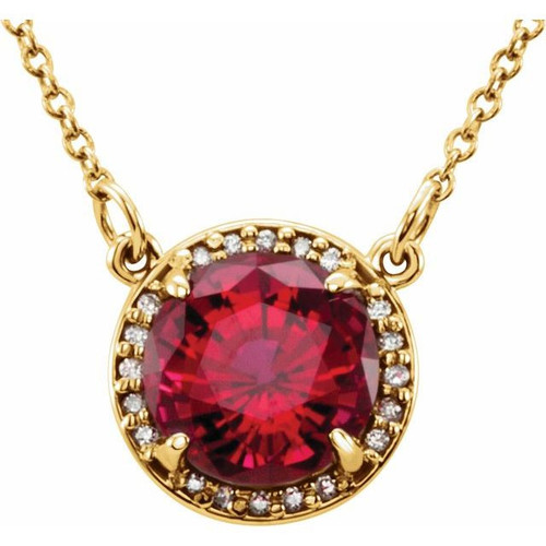 14 Karat Yellow Gold 6mm Round  Lab Grown Ruby and .04 Carat Diamond 16 inch Necklace 14 Karat Yellow Gold 6mm Round  Lab Grown Ruby and .04 Carat Diamond 16 inch Necklace