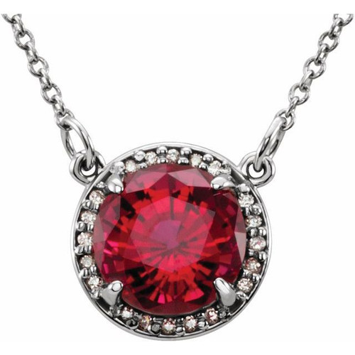 Platinum 7mm Round Ruby and .04 Carat Diamond 16 inch Necklace Platinum 7mm Round Ruby and .04 Carat Diamond 16 inch Necklace