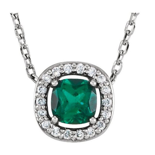 14 Karat White Gold Lab Grown Emerald and .04 Carat Diamond 16 inch Necklace