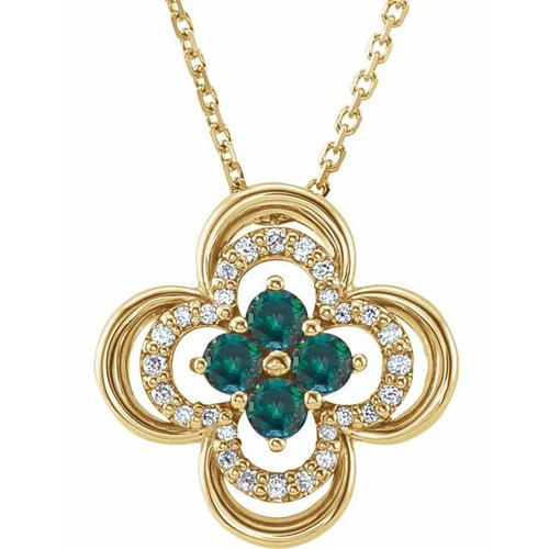 14 Karat Yellow Gold Natural Alexandrite and 0.10 Carat Natural Diamond Clover 18 inch Necklace