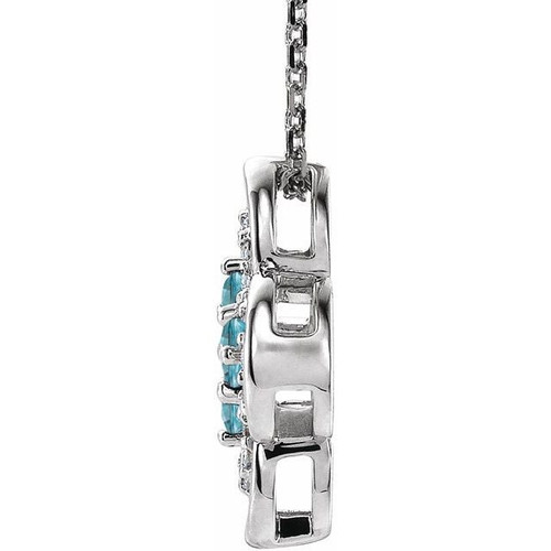 14 Karat White Gold Blue Zircon and 0.10 Carat Diamond Clover 18 inch Necklace