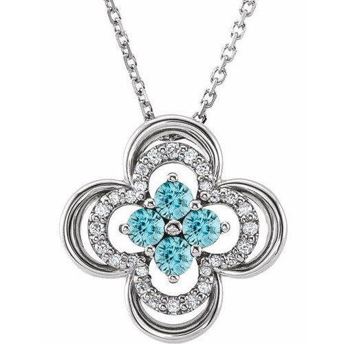 Platinum  Blue Zircon and 0.10 Carat Diamond Clover 18 inch Necklace