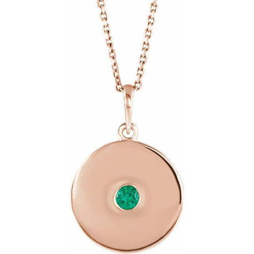 Lab Grown Emerald Gem set in 14 Karat Rose Gold Disc 16 inch Necklace