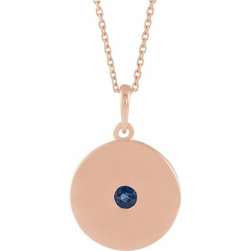 Created Sapphire Necklace in 14 Karat Rose Gold Lab Sapphire Disc 16 inch Necklace