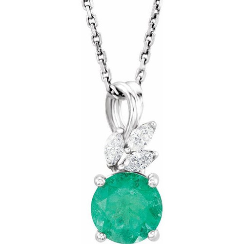 Lab Emerald Gem in 14 Karat White Goldand 0.10 Carat Diamond 16 inch Necklace