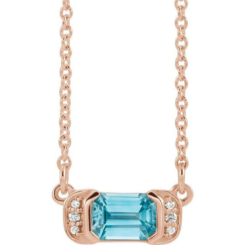 14 Karat Rose Gold Blue Zircon and .02 Carat Diamond Bar 16 inch Necklace