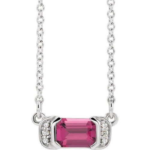 Platinum  Pink Tourmaline and .02 Carat Diamond Bar 16 inch Necklace