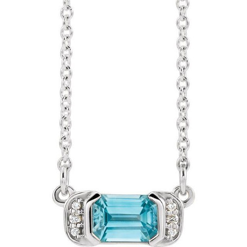 Platinum  Blue Zircon and .02 Carat Diamond Bar 16 inch Necklace