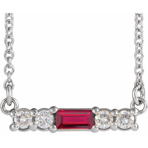 Lab Ruby Gem in 14 Karat White Gold Lab Ruby and 0.20 Carat Diamond 16 inch Necklace