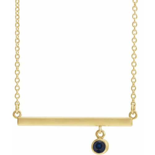 Created Sapphire Necklace in 14 Karat Yellow Gold Lab Sapphire Bezel Set Bar 16 inch Necklace