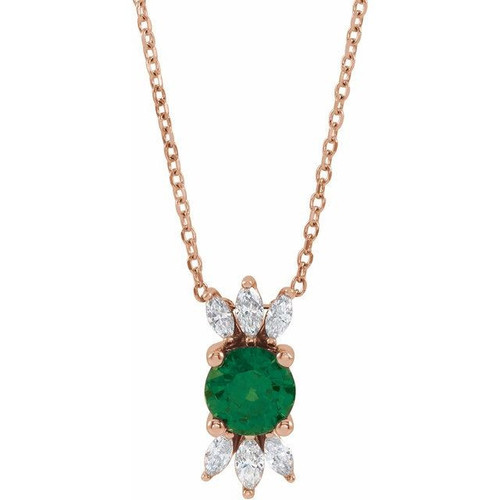 Lab Grown Emerald Gem set in 14 Karat Rose Gold and 0.25 Carat Diamond 16 inch Necklace