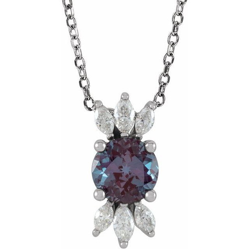 Created Alexandrite Necklace in Platinum Lab Alexandrite and 0.25 Carat Diamond 16 inch Necklace