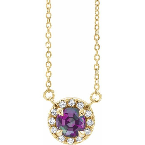 Created Alexandrite Necklace in 14 Karat Yellow Gold 3 mm  and .03 Carat Diamond 18 inch Necklace