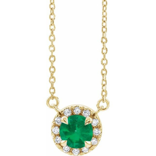 Lab Grown Emerald Gem set in 14 Karat Yellow Gold 3.5 mm Round Cut and .04 Carat Diamond 18 inch Necklace