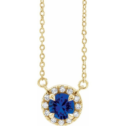 Created Sapphire Necklace in 14 Karat Yellow Gold 4.5 mm Round Lab Sapphire and .06 Carat Diamond 18 inch Necklace