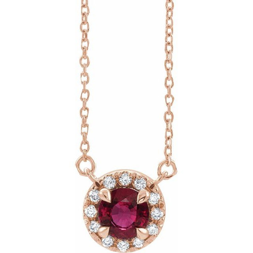 Lab Ruby Gem in 14 Karat Rose Gold 4.5 mm Round Lab Ruby and.06 Carat Diamond 18 inch Necklace