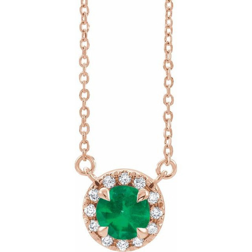 Created Emerald Necklace in 14 Karat Rose Gold 5 mm Round Cut and 0.12 Carat Diamond 16 inch Necklace
