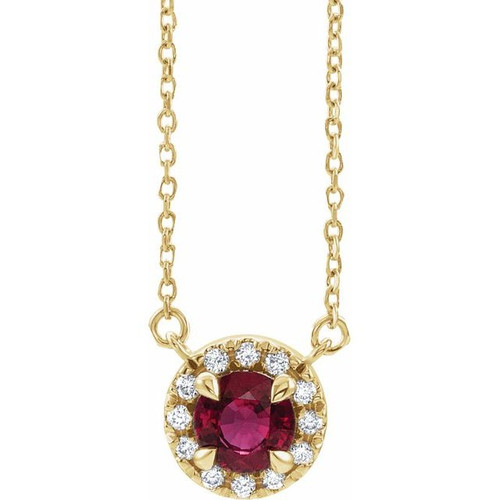 Created Ruby Necklace in 14 Karat Yellow Gold 6 mm Round Lab Ruby and 0.20 Carat Diamond 18 inch Necklace