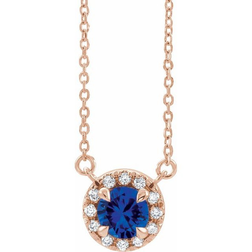Created Sapphire Necklace in 14 Karat Rose Gold 6 mm Round Lab Sapphire and 0.20 Carat Diamond 16 inch Necklace