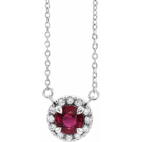 Lab Ruby Gem in 14 Karat White Gold 6.5 mm Round Lab Ruby and 0.20 Carat Diamond 16 inch Necklace
