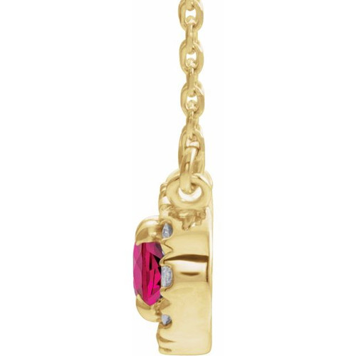 Created Ruby Necklace in 14 Karat Yellow Gold 5x3 mm Oval Lab Ruby and .05 Carat Diamond 16 inch Necklace
