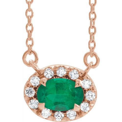 Created Emerald Necklace in 14 Karat Rose Gold 5x3 mm Oval Cut and .05 Carat Diamond 16 inch Necklace