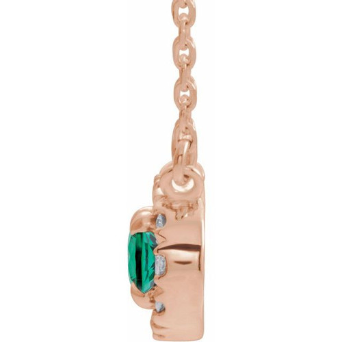 Created Emerald Necklace in 14 Karat Rose Gold 5x3 mm Oval Cut and .05 Carat Diamond 18 inch Necklace
